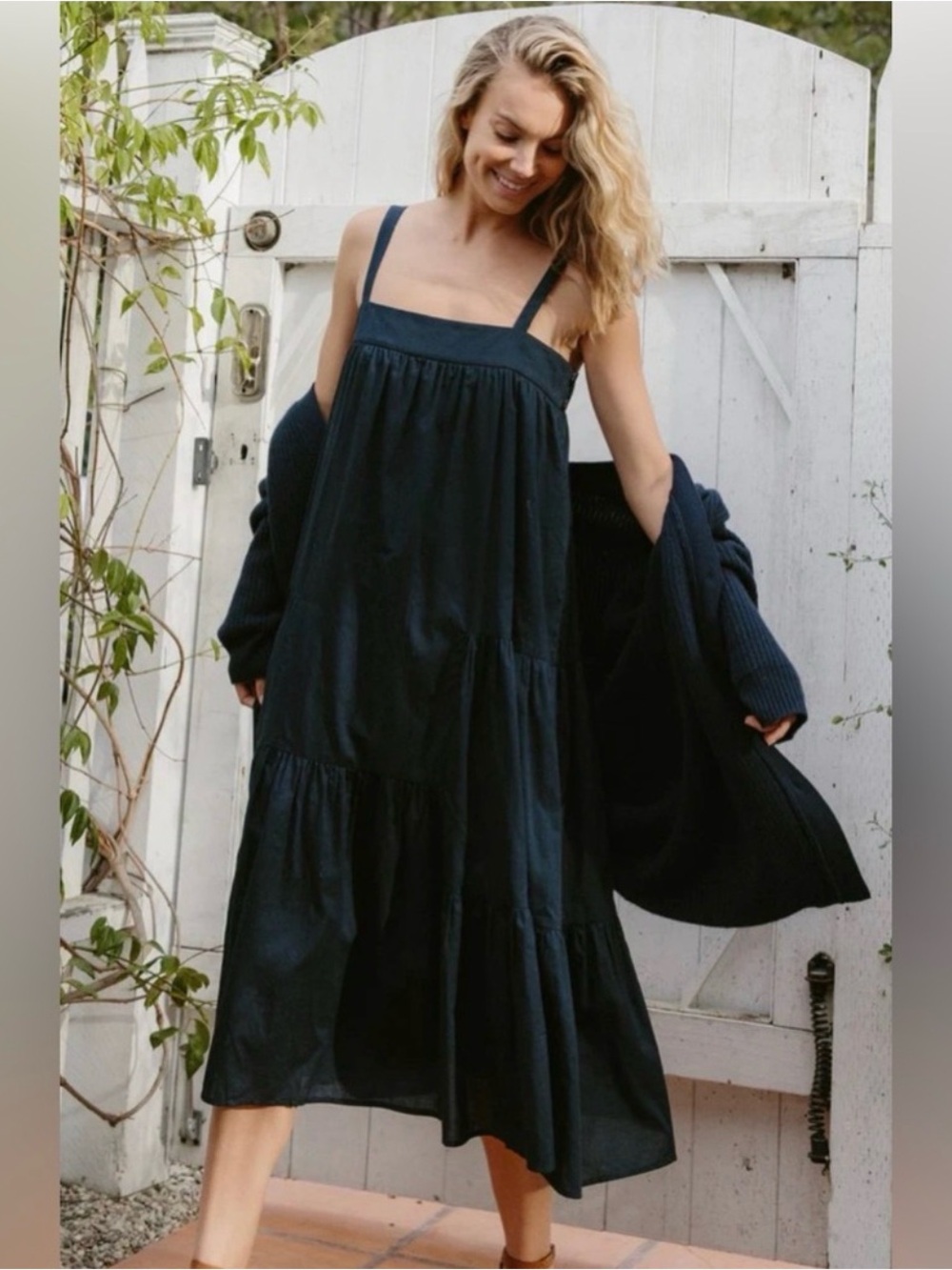 JENNI KAYNE Summer Dress Navy Blue Tiered Cotton Linen Lined VGUC